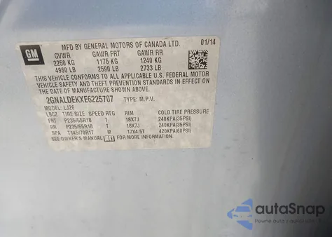 2014 Chevrolet Equinox Ltz из США, поврежденный, VIN 2GNALDEKXE6225707